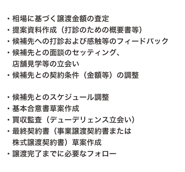 ・相場に基づく譲渡金額の査定・提案資料作成（打診のための概要書等）・候補先への打診および感触等のフィードバック・候補先との面談のセッティング、店舗見学等の立会い・候補先との契約条件（金額等）の調整・候補先とのスケジュール調整・基本合意書草案作成・買収監査（デューデリェンス立会い）・最終契約書（事業譲渡契約書または　株式譲渡契約書）草案作成・譲渡完了までに必要なフォロー